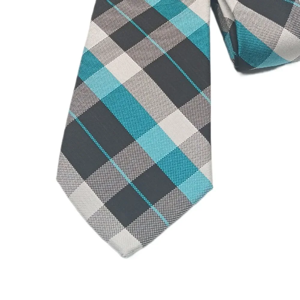 JF J Ferrar Plaid Tie Mens 60” Black Blue Gray Designer Classic Preppy New